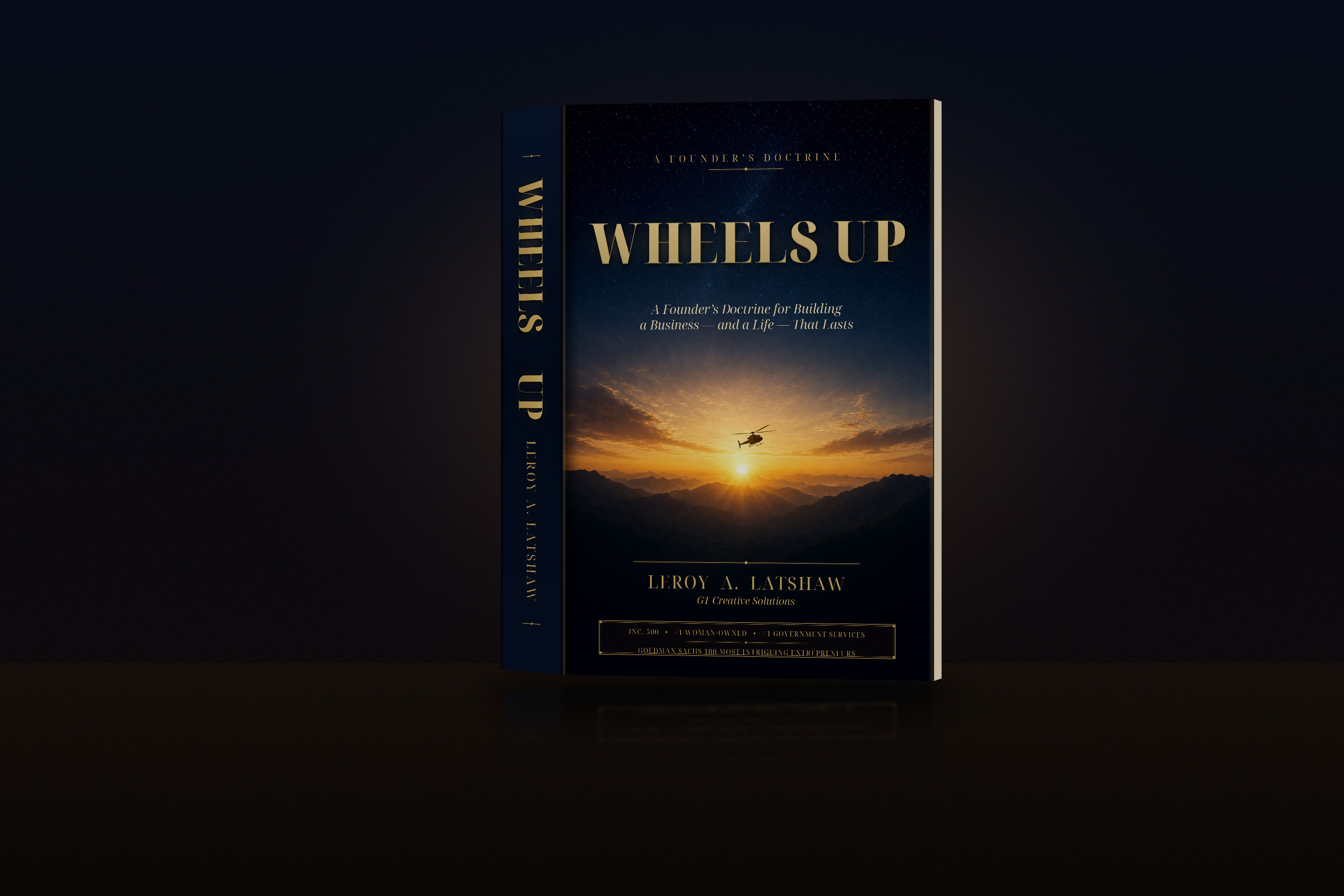 Wheels Up hardcover mockup on a horizon backdrop